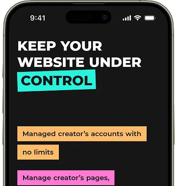 A smartphone screen displaying promotional text about managing website control for creators, featuring colorful typography on a black background.